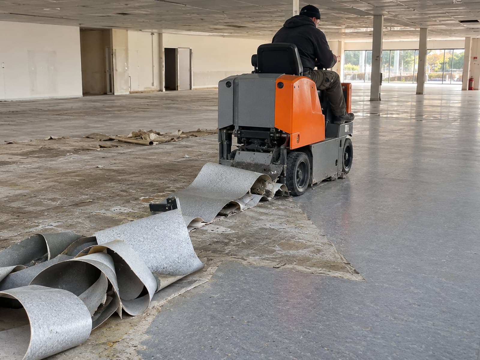 Décolleuse de sol industrielle dans une grande surface commerciale en travaux