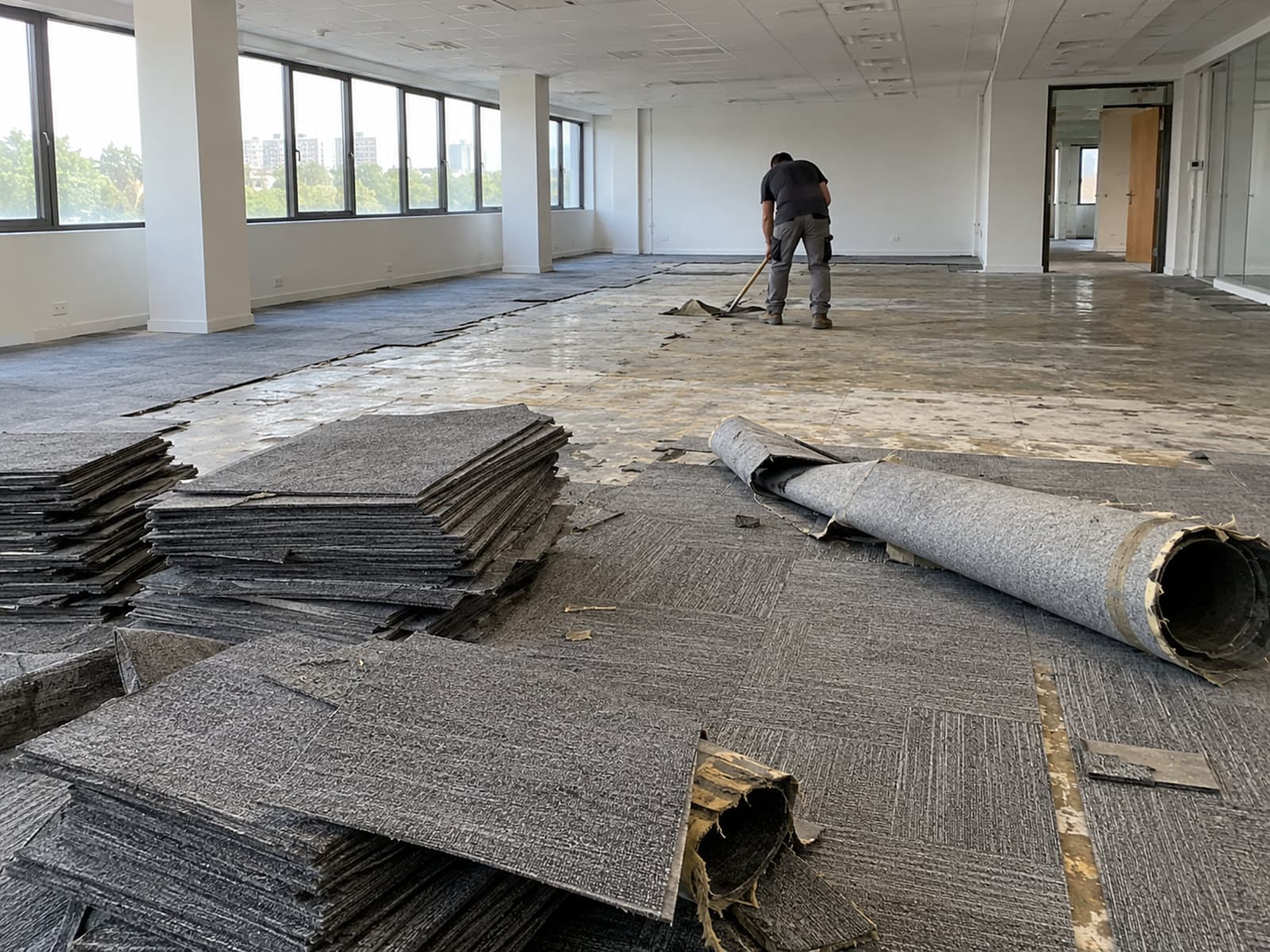 Dépose de moquette en dalles dans un open space vidé