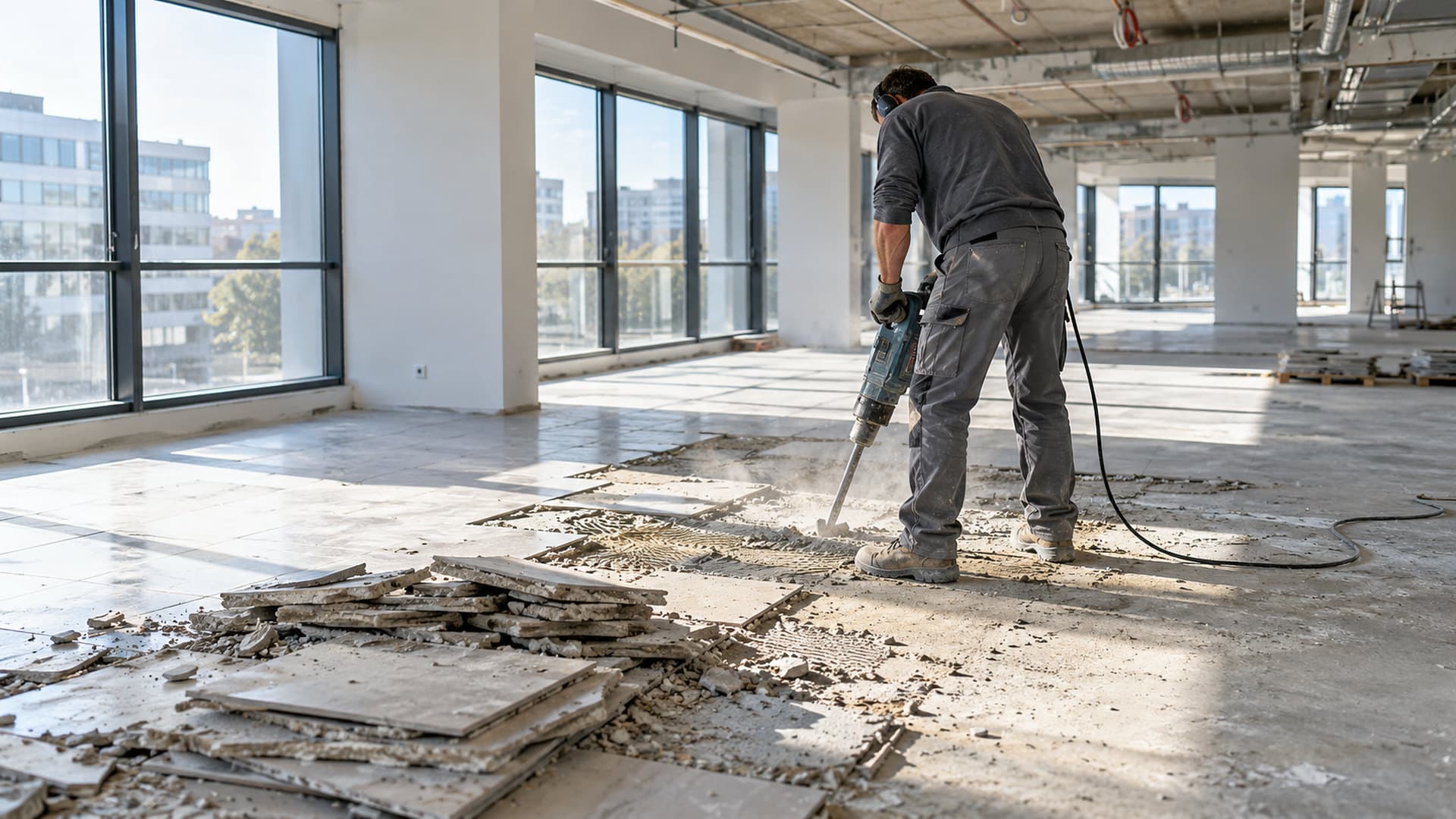 Dépose de carrelage au burineur dans un plateau de bureaux en rénovation